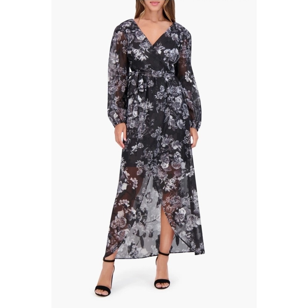 Siena Floral Metallic Stripe LS Faux Wrap Midi Dress Black Multi Sz 16 NEW! $138